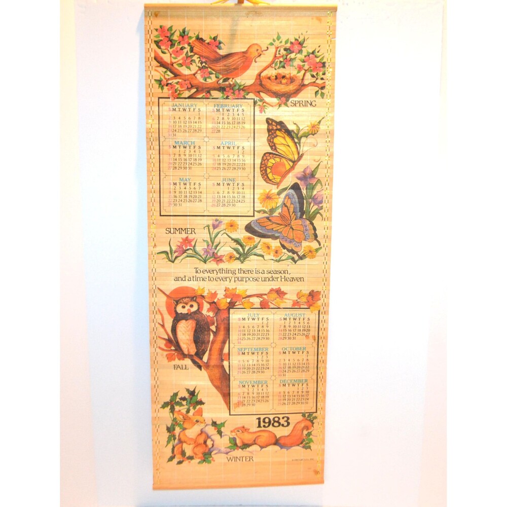 Vintage Woodland Animal Calander with Back Landscape on Bamboo 1983